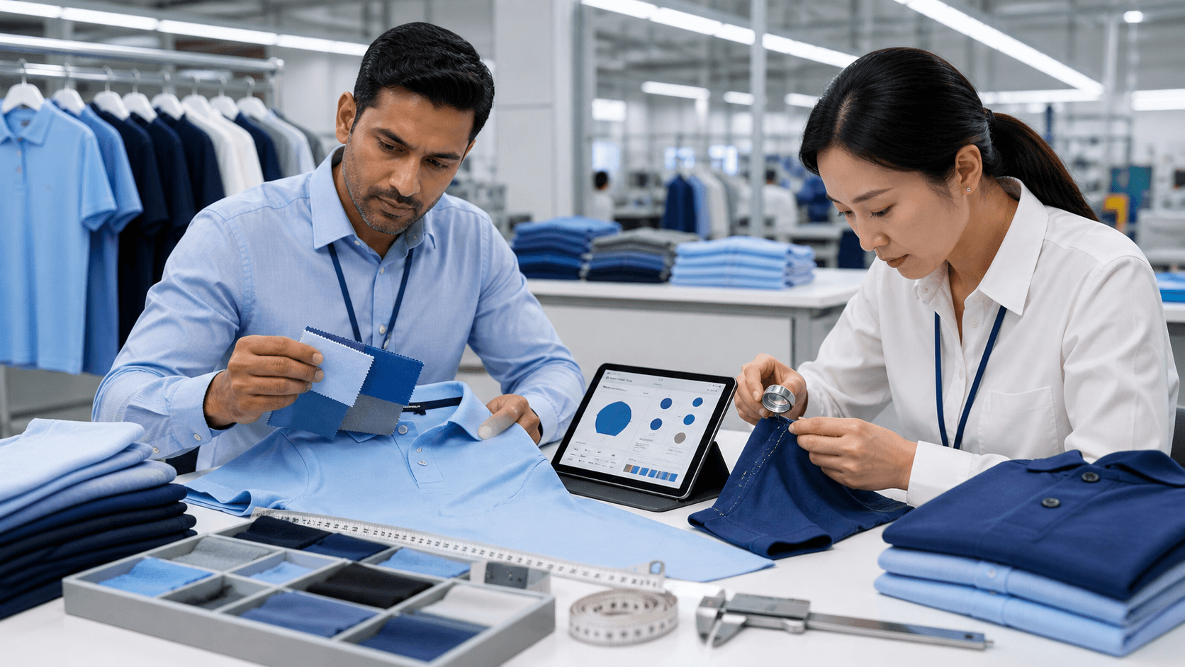 Digital dashboard with supplier profiles, quality scores, and apparel icons in blue and orange tones.