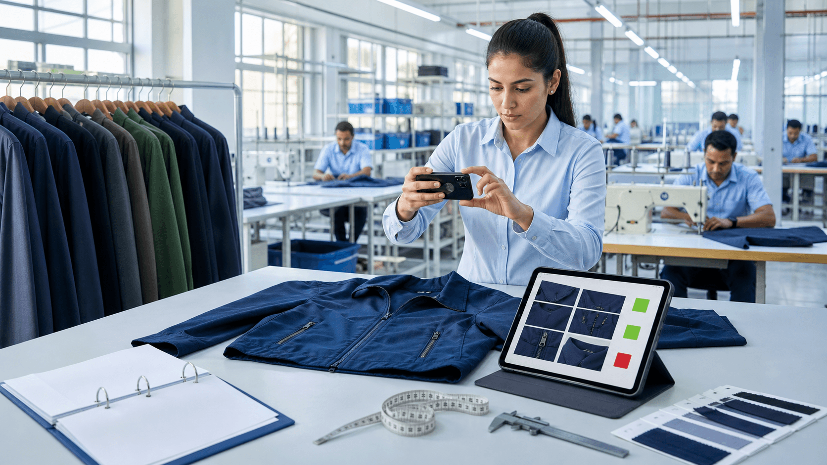 Split-screen of digital compliance dashboard and paper files beside folded garments in a bright factory office.