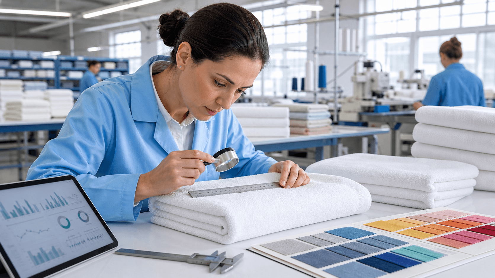 Inspector in a bright textile factory examines folded white towels with a clipboard.