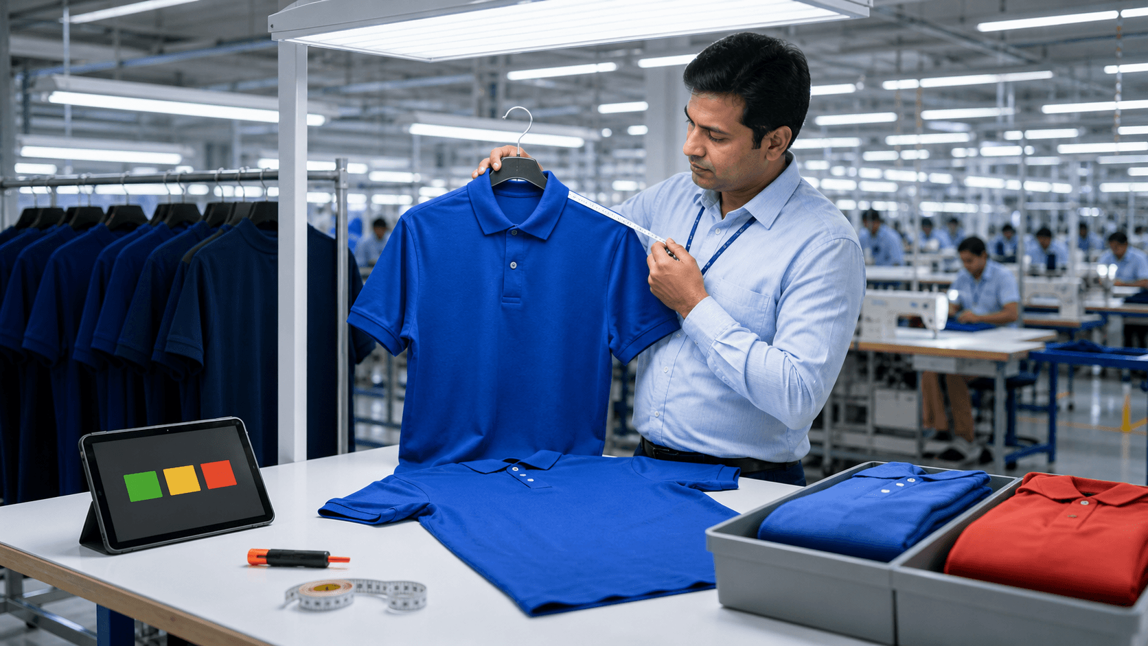 Garment inspector examines a blue shirt on a factory table beside quality check charts.