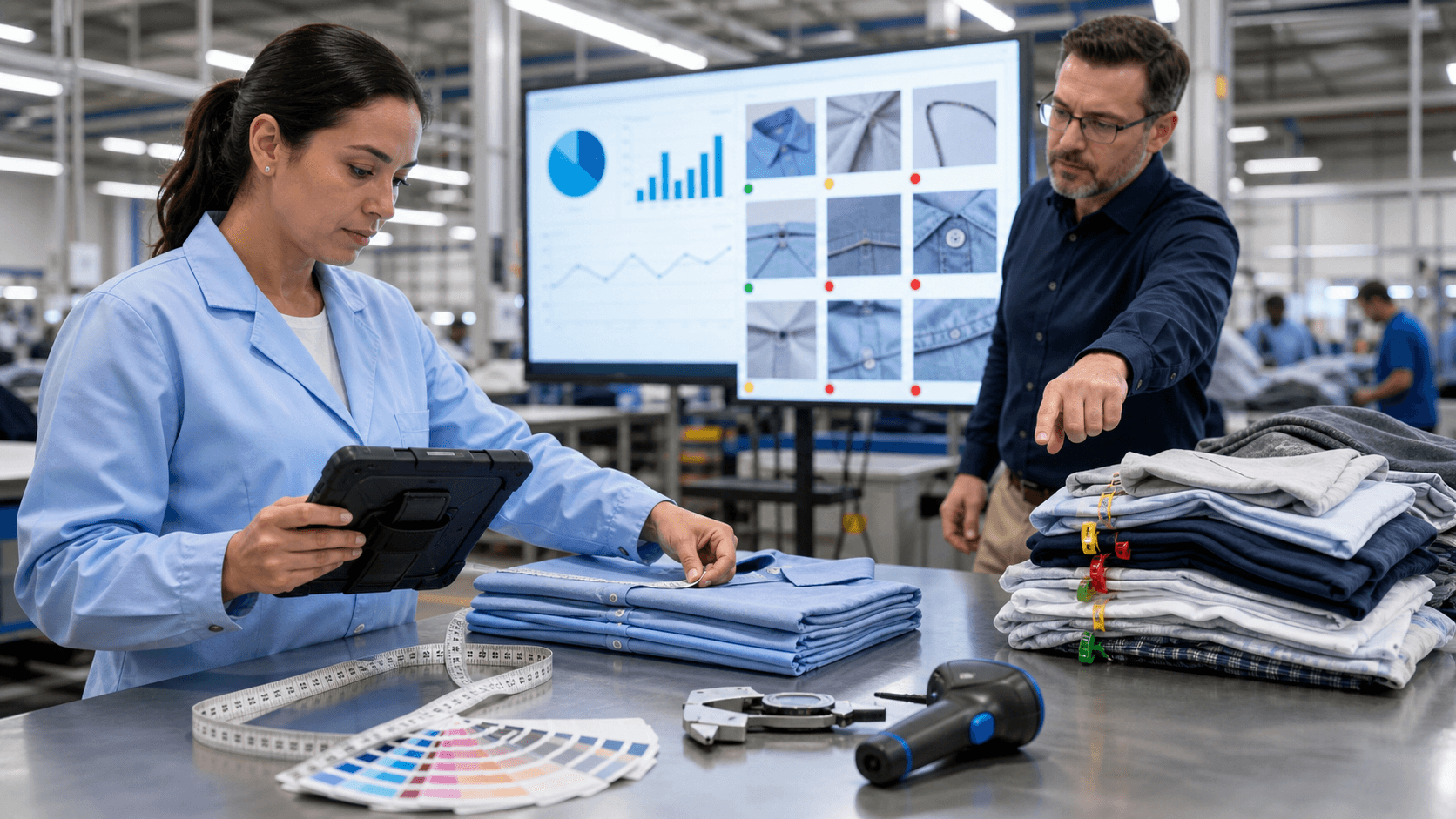 Split-screen of clothing inspection charts and a failed checklist stamp over folded garments on a factory table, blue-gray light