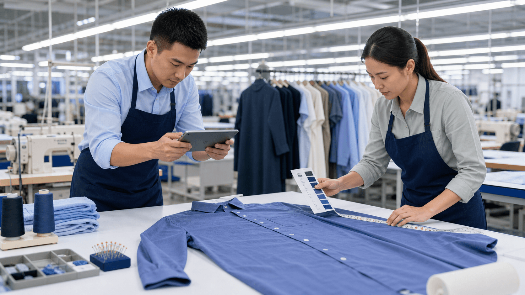 Garment inspector uses a tablet beside fabric rolls in a bright, modern apparel quality control room.