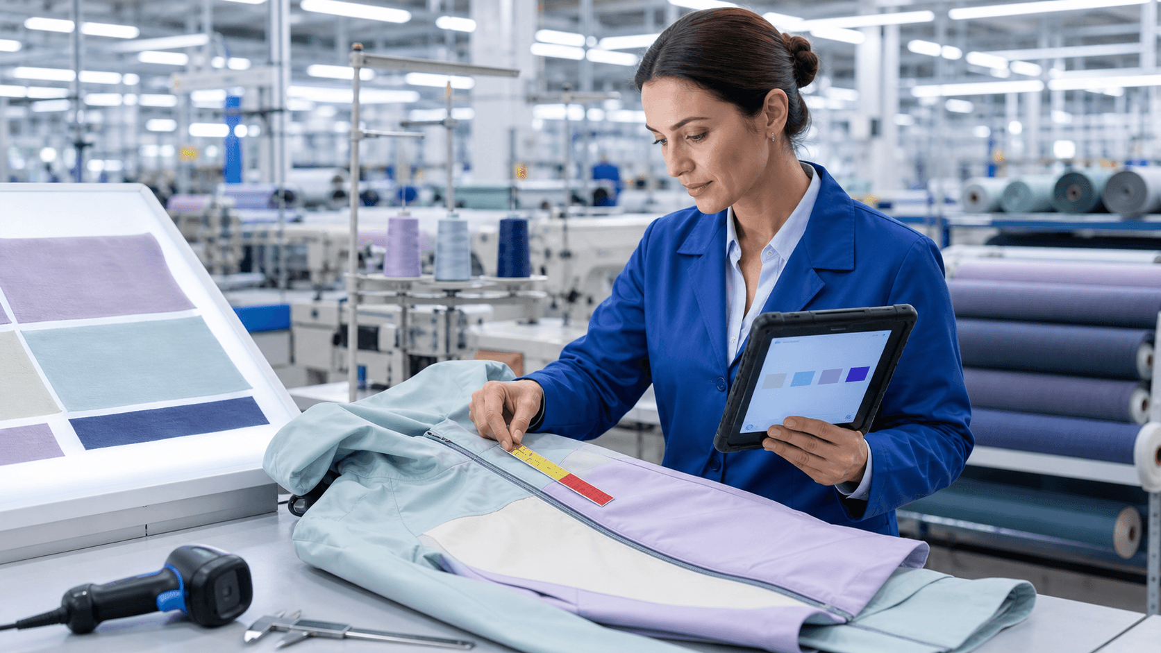 Inspector holding a tablet checks clothing on a rack in a bright studio, with fabric swatches and notes nearby
